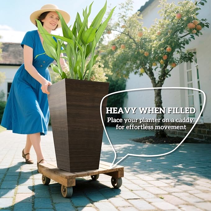 Outsunny Tall Planter for Outdoor Plants Set of 3, 28 Inch Taper Planter with Drainage Holes, Wood Grain Decor Garden Pot for Indoor Outdoor Porch Patio Backyard, Brown