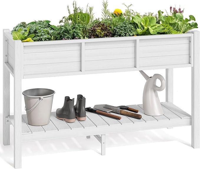 YITAHOME 48x18x30in Raised Garden Bed HDPE, Weather-Resistant Poly Lumber Planter Box with Legs & Storage Shelf, Elevated Garden Bed for Yard, Garden, Balcony - White