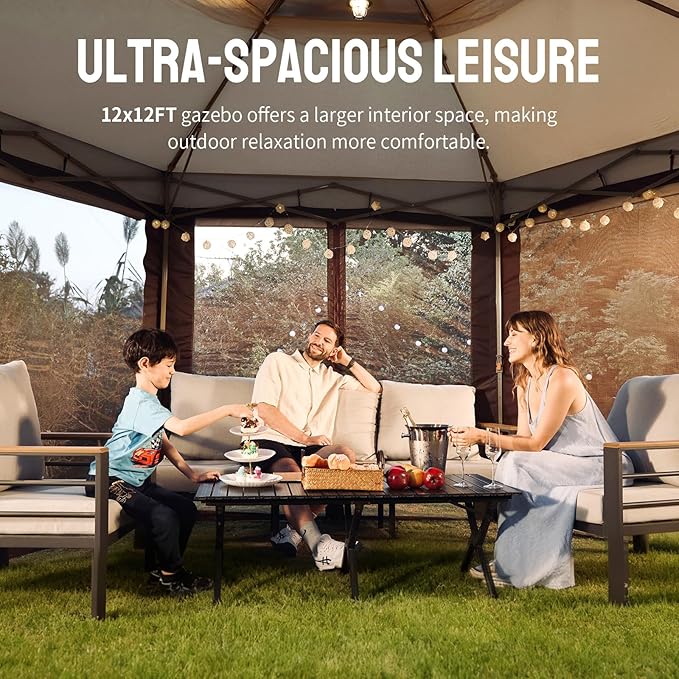CROWN SHADES 12x12 Pop Up Gazebo with Mosquito Nettings, Patented Center Lock 6-Sided Portable Gazebo, 300D Silver-Coated Fabric UV Resistant, Pop Up Canopy Tent for Patio, Party, Beige&Coffee