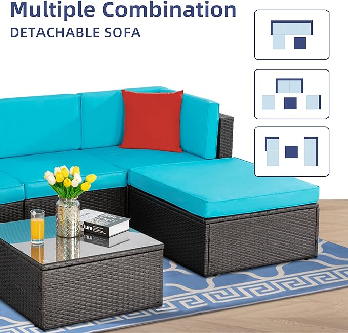 Vongrasig 5 Piece Furniture Sets, All-Weather Brown PE Wicker Outdoor Couch Sectional Small Patio Conversation Garden Sofa Set w/Ottoman, Glass Table, Blue