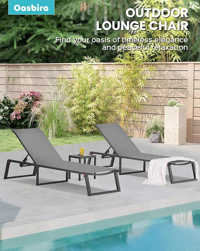 Aluminum Chaise Lounge Chair Outdoor, Foldable & No Assembly Pool Lounge Chairs 5-Position Recliner for Outside Poolside, Fully Grounded Legs Patio Sun Lounger for Pool, Beach, Yard, Dark Grey