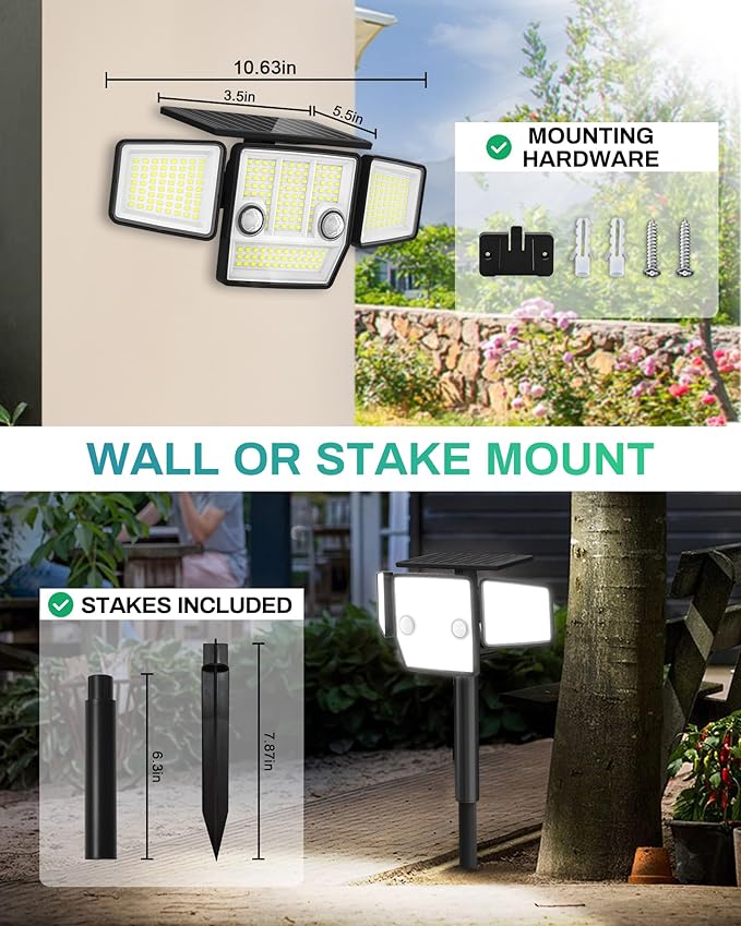 Solar Outdoor Lights with Stakes, 2500LM 180° PIR Motion Sensor, 360° Wide Angle Illumination, In-Ground or Wall Mount, IP65 Waterproof, 3 Modes, 236 LEDs Security Flood Light, 2 Pack