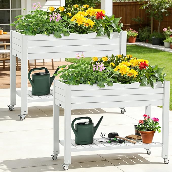 YITAHOME 43.3x17.7x34 in Elevated Garden Bed 2pcs, Outdoor Plastic Planter Box with Wheels, Legs, Drain Plug, and Storage Shelf for Plants, Vegetables, Flowers, Herbs, Grayish-White