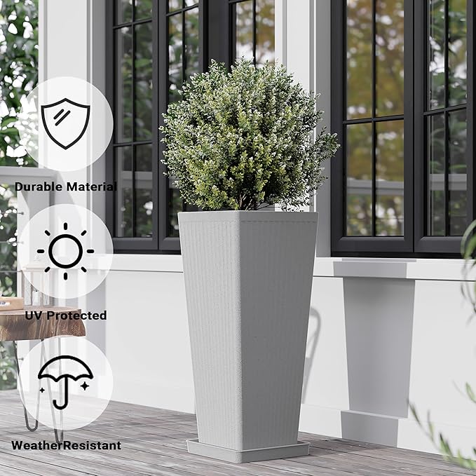 Tall Planters for Outdoor Plants Set of 2, 23.6" Large Taper Flower Plant Pots with Drainage Hole and Drainage Trays, Weather-Resistant Plastic planters for Patio, Porch, Garden, Grey