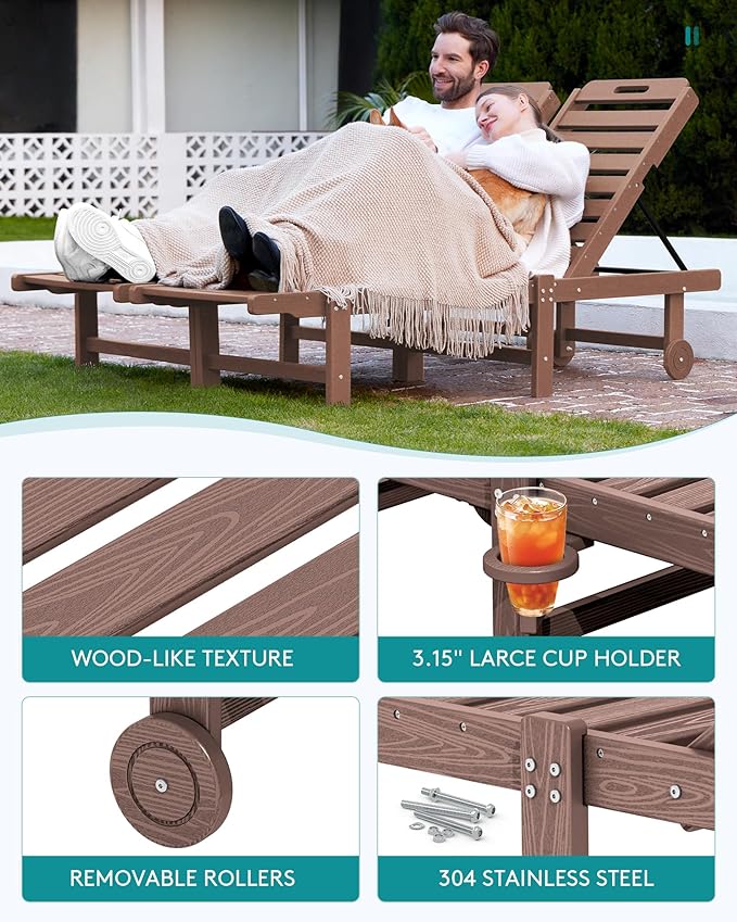 SERWALL Outdoor Chaise Lounge Set of 6, HDPE Pool Lounge Chair with 5-Position Adjustable Backrest, Patio Lounger with Rolling Wheels & Cup Holder for Pool, Brown