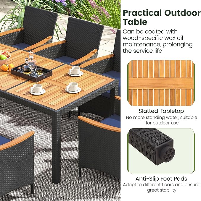 Tangkula 9 Pieces Rattan Outdoor Dining Set for 8, Outdoor Acacia Wood Table Set with 8 Cushioned Wicker Chairs, Umbrella Hole, Patio Dining Furniture Set for Deck Pool Backyard