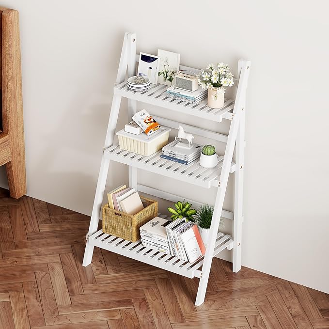 Bamboo Bookshelf 3-Tier Ladder Shelf, 39.4” Freestanding Open Bookcase Book Shelf Bathroom Storage Shelf Unit Plant Stand for Small Space, Living Room, Bedroom, Home Office, White