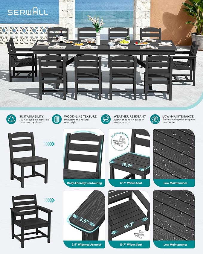 SERWALL 11 Piece Outdoor Dining Set, 84" HDPE Outdoor Table and Chairs for 10，All Weather Patio Furniture Set with Umbrella Hole for Backyard, Garden, Black