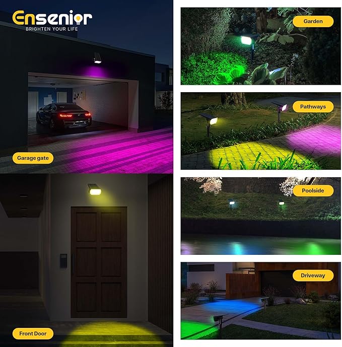 Ensenior Solar Spotlights Outdoor RGB, 7+1 Color Changing Mode Outdoor Landscape Lighting, IP65 Waterproof, Automatic ON/Off Solar Powered Spotlight Halloween Christmas Decorations (10-Pack)