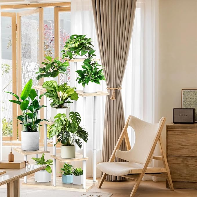 7 Tier Plant Stand Indoor, Thickened Metal Wood Corner Plant Shelf Stands for Multiple Plants, Indoor Tall Plants Stand Tiered Flower Holder for Living Room Patio Garden Balcony(White+Oak)