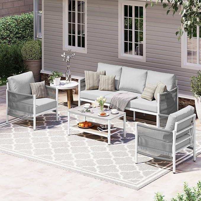 Aluminum Outdoor Patio Furniture Set with Dual-Layer Coffee Table, 4 Piece Modern Patio Conversation Sets with PE Rope, Outdoor Sectional Sofa with Thick Cushions for Balcony, Porch, White