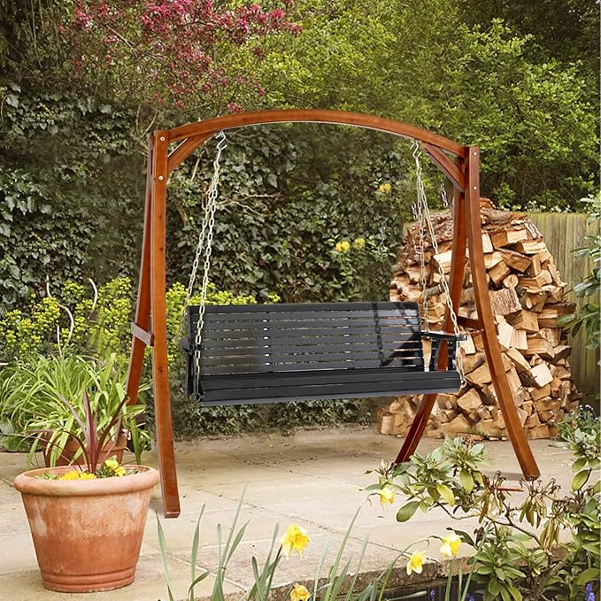 VINGLI Upgraded Patio Wooden Porch Swing for Courtyard & Garden, Heavy Duty 880 LBS Swing Chair Bench with Hanging Chains for Outdoors (Black, 5 FT)