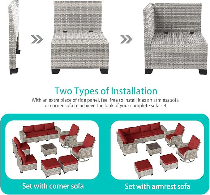 11-Piece Outdoor Patio Furniture Set with Rocking Swivel Chair Wicker Sectional Sofa Set, Patio Conversation Set with Ottomans & Coffee Table for Garden, Backyard, Poolside, Red