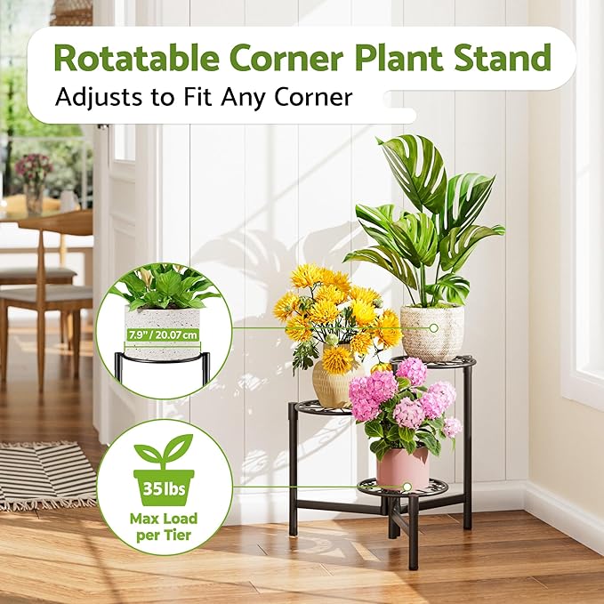 Metal Plant Stand Outdoor Indoor, 3 Tier Foldable Corner Tall Plant Shelf for Multiple Plants Flower Pot Holder Display Stand for Living Room Balcony Garden Patio -BlackS