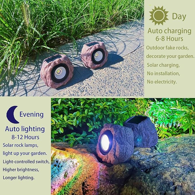 Solar Rock Lights Outdoor Waterproof, 4 Pack LED Colored Garden Rock Solar Light, Stone Statue Bright Solar Spot Light for Path, Yard, Patio, Lawn, Porch, Yard Decor.