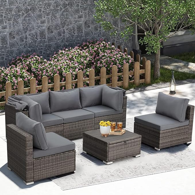 HOMREST 6 Pieces Patio Furniture Sets, Outdoor Daybed with Canopy, Rattan Outdoor Sectional Sofa Set with Adjustable Backrest, Chaise Chair Sunbed for Garden Poolside Backyard（Gray）