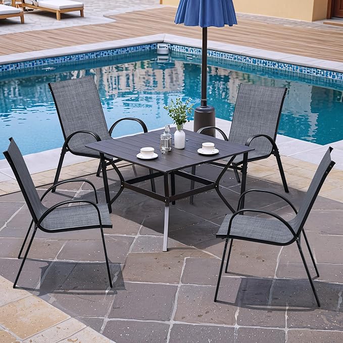 Flamaker Patio Chairs Stackable Dining Chairs Set of 4 Metal and Teslin Outdoor Chairs for Lawn Deck Balcony Porch (Grey)