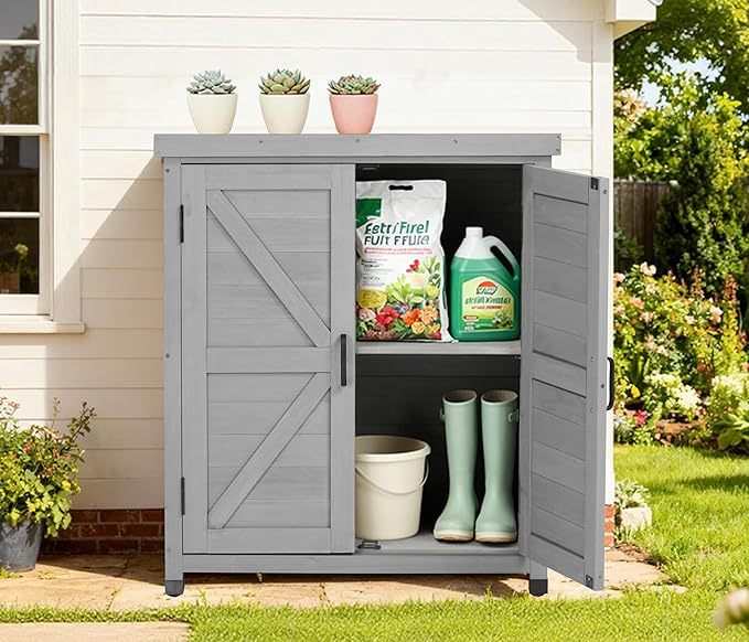 Outdoor Potting Bench with Storage Cabinet and Metal Top, Wood Workstation for Outdoor Patio, Garden (Classic Grey, 31x17x36‘’)