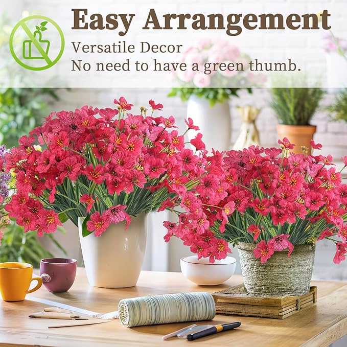24 Rose Red Bundles Artificial Flowers for Outdoors/Indoors Fake Flowers Plants for Indoor Outside Garden Porch Window Box Home Wedding Farmhouse