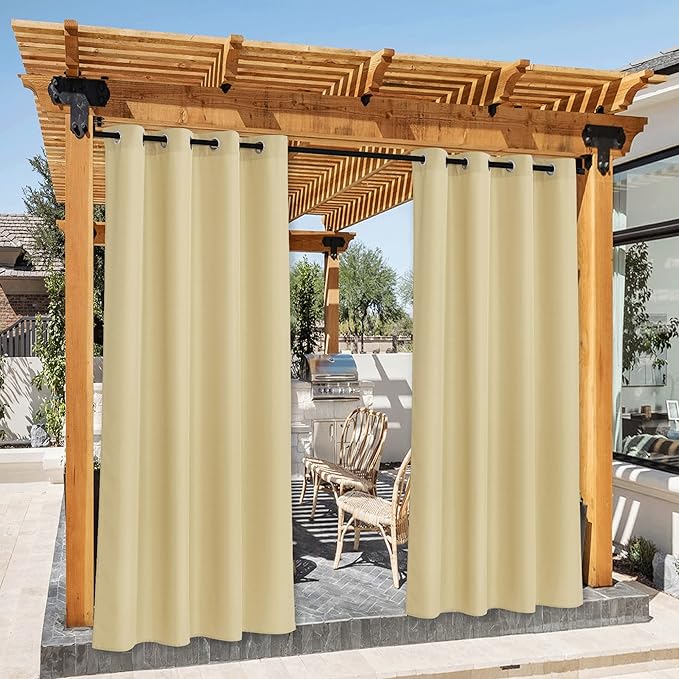 NICETOWN 2 Panels Outdoor Curtains for Patio Waterproof, Rustproof Grommet Thick Indoor Outdoor Vertical Drapes Dustproof for Porch/Pergola/Gazebo, W55 x L84 Inch, Beige
