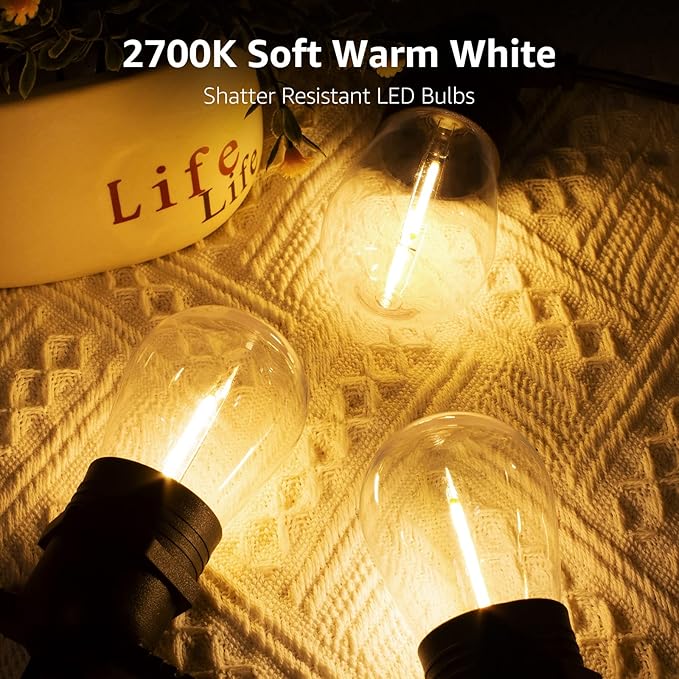 Lepro S14 Outdoor String Lights - 50ft with 15 Shatterproof LED Edison Bulbs, Waterproof Bistro Lights for Deck, Pergola, Porch, Garden, Gazebo