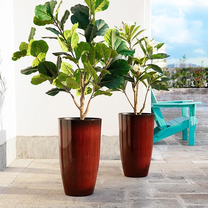 Glitzhome 23.5" H Oversized Tall Planter, Set of 2 Plastic Large Outdoor Planters with Drainage Holes, Gradient Red Faux Ceramic Finish, Large Flower Pots Round Plant Pots for Indoor Outdoor Patio