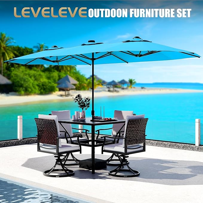 LEVELEVE 14FT Double-Sided Patio Umbrella with Base Included, Large Outdoor Rectangular Market Umbrella for Backyard, Poolside, Lawn & Garden,Blue