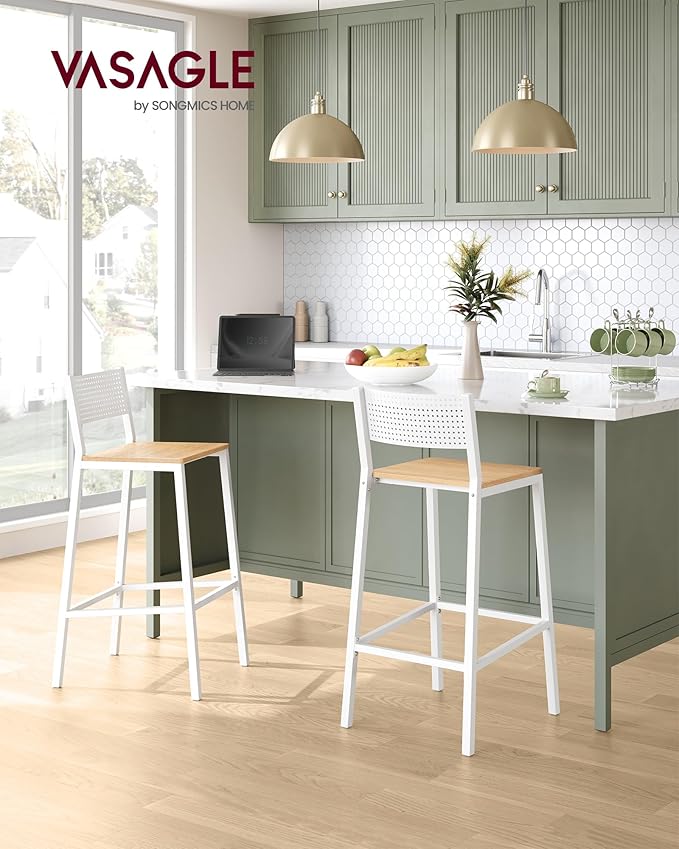 VASAGLE Bar Stool Set of 2, Bar Chairs for Kitchen, Dining Room, Industrial, Oak Beige and White ULBC070W09