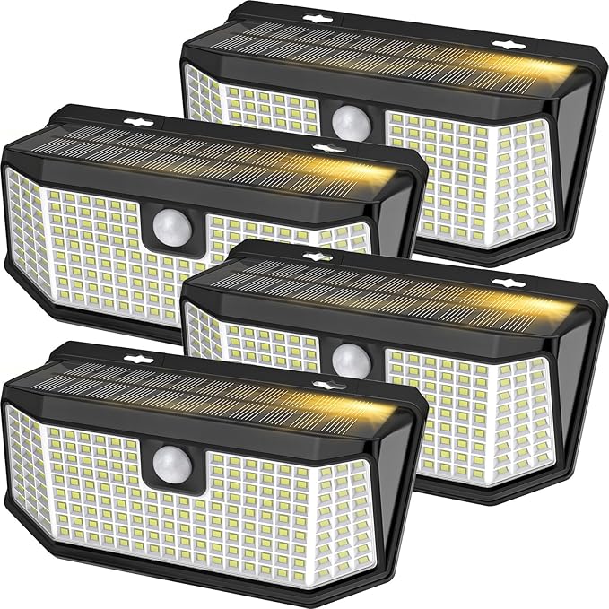 Aootek Solar Outdoor Motion Sensor Lights 2500Lm Solar Panel to 15.3 in² and 3 Modes(Security/Permanent On All Night/Smart Brightness Control) with IP65 Waterproof with Wide Angle(4pack)