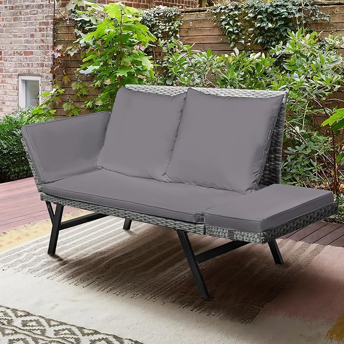Greesum Outdoor Sofa, Woven Rattan Patio Furniture, Convertible Daybed or Double Chair with Adjustable Armrests, Cushions and Pillows for Yard, Porch, Pool, Gray Lounger & Blue Pillowcase