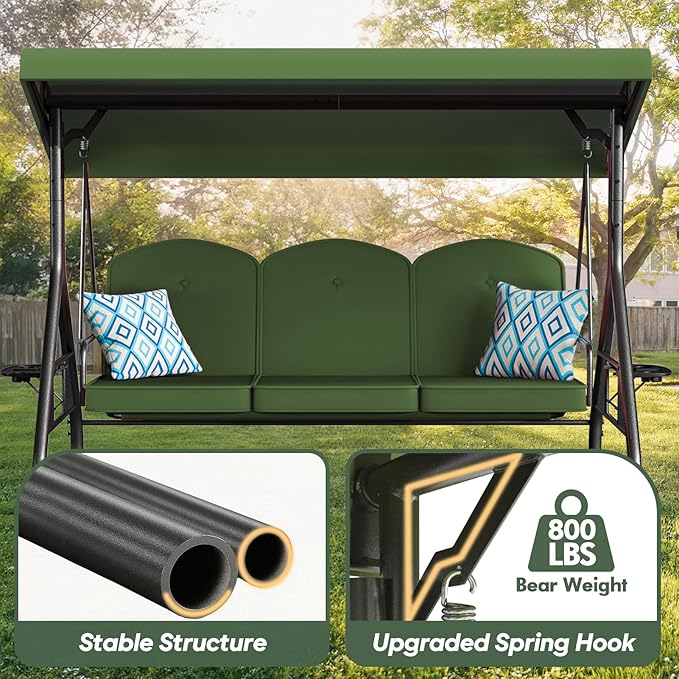 3 Seat Outdoor Porch Patio Swing with Stand 800lbs 2-in-1 Convertible Swing Bed with Adjustable Canopy & Removable Cushion for Yard Garden Deck (Green, Round Tube)