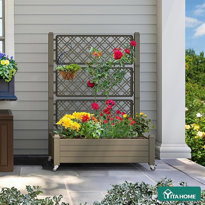 YITAHOME 43.3x17.7x61 in Planter Trellis Box with Wheels & Drain Plug, Outdoor Resin Raised Garden Bed for Climbing Plants, Large Weather-Resistant Design, Light Brown