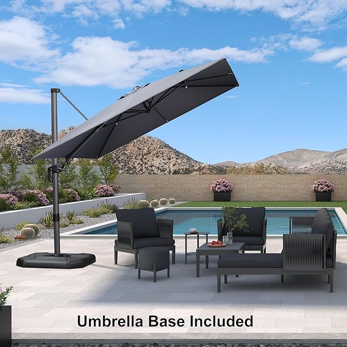 PURPLE LEAF 9' X 12' Right-left Tilt Patio Umbrella with Base Outdoor Cantilever Swivel Rectangle Umbrella Aluminum Offset Umbrella with 360-degree Rotation for Garden Deck Pool Patio Grey