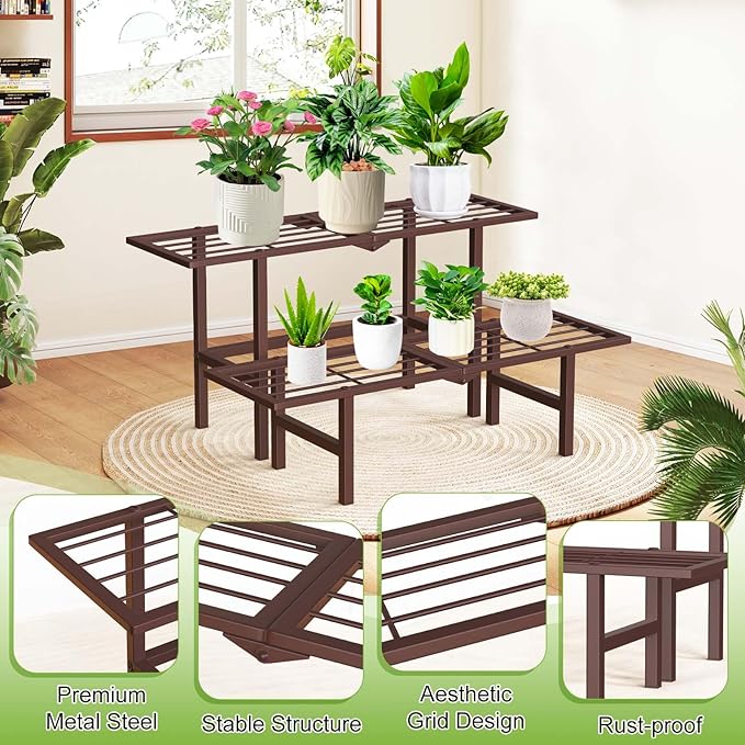 2 Tier Plant Stand Indoor Outdoor, Foldable Metal Separated Ladder Plant Stands, Plant Shelf Multiple Flower Pot Holder Display Shelving for Garden Living Room Patio,Brown