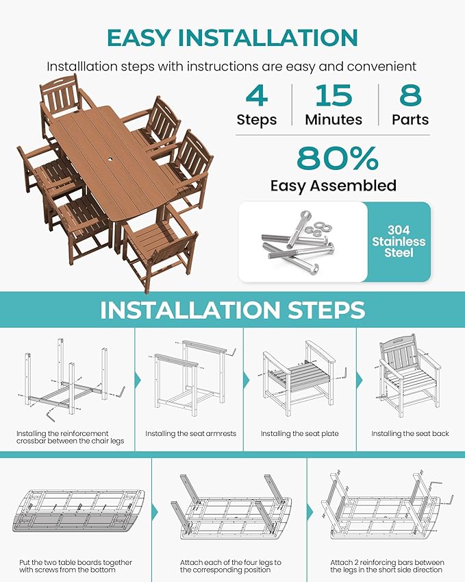 Outdoor Rectangle Dining Table, Heavy-Duty HDPE Table for 6, Weatherproof Patio Table with Umbrella Hole, Rounded Corners for Safety, Teak