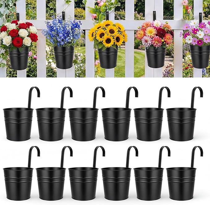 HowRU Hanging Flower Pots, Railing Planter Box for Outdoor Plants 12 Pack 5 Inch Metal Hanging Planters with Detachable Hooks Balcony Window Fence Garden Decoration Flower Boxes (Black)
