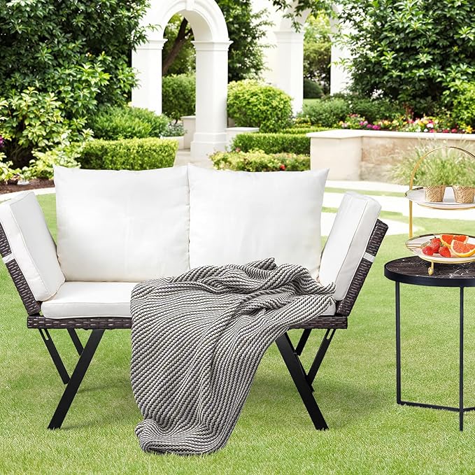 Outvita Outdoor Convertible Couch Sofa Bed, Woven Rattan Patio Furniture Daybed w/Adjustable Armrests, Removable Cushions and Pillows for Porch Pool Balcony