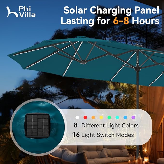 PHI VILLA 13ft Patio Umbrella with Solar-Powered 120 PCS LED Color-Changing Lights, Triple-Head Large Rectangle Umbrella Outdoor Patio for Table with Crank Lift,Cyan(No Base)