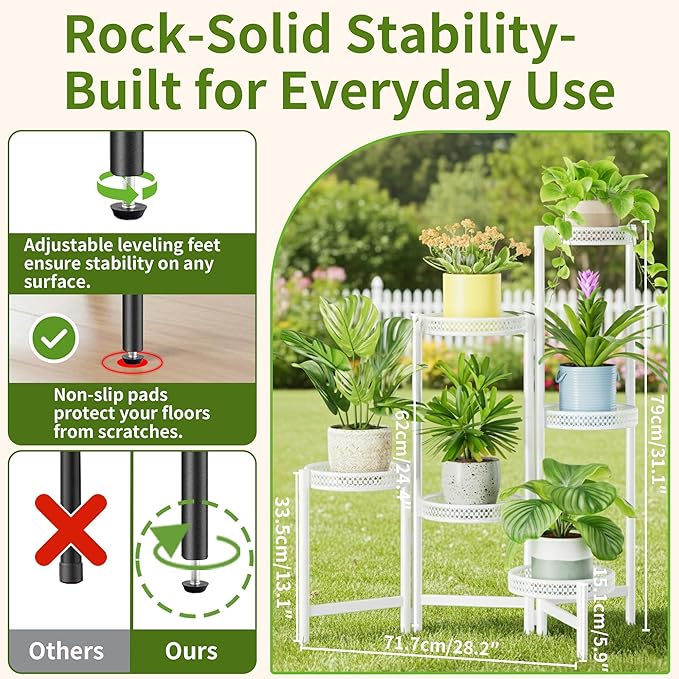 6 Tier Metal Plant Stand, 6 Potted Multiple Flower Pot Holder Shelf, Indoor&Outdoor Folding Planter Display Shelves for Patio Garden, Living Room, Corner Balcony, Bedroom - WhiteWave