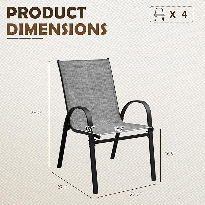 Flamaker Patio Chairs Stackable Dining Chairs Set of 4 Metal and Teslin Outdoor Chairs for Lawn Deck Balcony Porch (Grey)