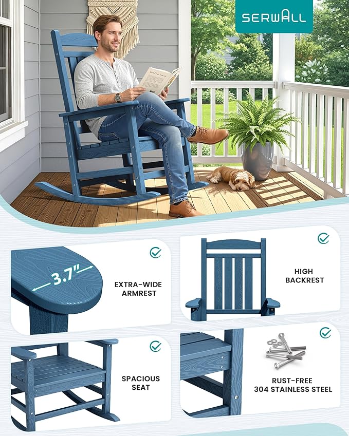 SERWALL Rocking Chairs Set of 4, HDPE Outdoor Rocking Chair, All-Weather Porch Rockers for Patio, Blue