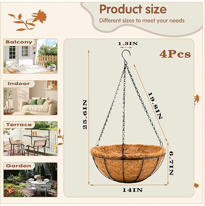 14 inch Metal Hanging Baskets For Plants Outdoor 4 Pack Round Metal Wire Hanging Basket Planter with Coco Fiber Liners Chain Round Wire Plant Holder for Garden, Patio, Deck, Porch Plants Flower Potss