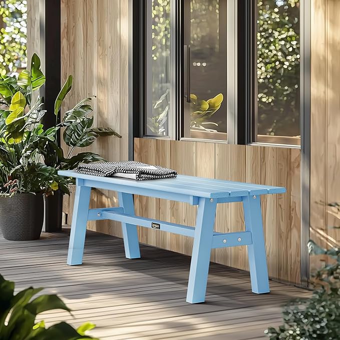 VINGLI 47” Outdoor HDPE Bench, Weatherproof Garden Bench w/Metal Legs, Poly Lumber Porch Benches, 660 LBS Capacity Outdoor Backless Patio Benches for Entryway Deck (Blue)