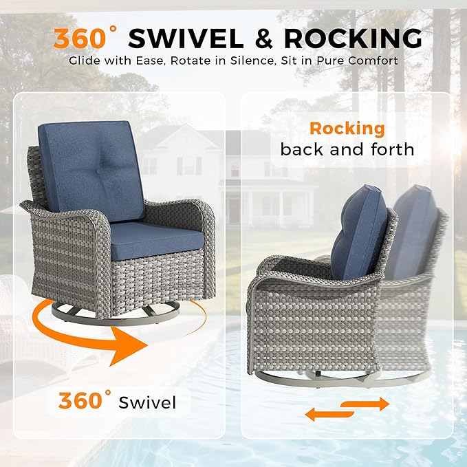 14-Seat Outdoor Wicker Patio Furniture Set with Fire Pit Table, Modular Rattan Sectional Sofa & 2 Swivel Rocking Chairs, 4" Thick Cushions, Rust-Resistant Frame,Navy