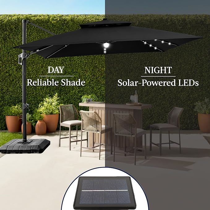 Best Choice Products 12x12ft LED Cantilever Patio Umbrella w/Base Included & 360° Rotation, Large Solar Offset Hanging Outdoor Sun Shade for Deck, Backyard Table w/Stand & Lights – Black