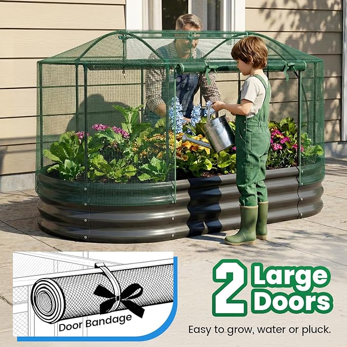 Quictent Galvanized Raised Garden Bed Kit with Self Watering System and Mesh Cover, Large Oval Metal Outdoor Planter Garden Boxes for Vegetables Herbs Flowers, 6x3x1Ft