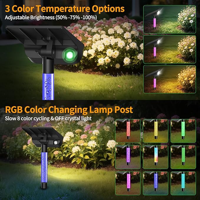 intelamp Solar Spot Lights Outdoor Waterproof, 4000mAh RGB LED Landscape Lights Warm White 3 Lighting Colors, IP65 Waterproof for Yard Driveway Tree Flag Garden Patio Outside Decor with Remote