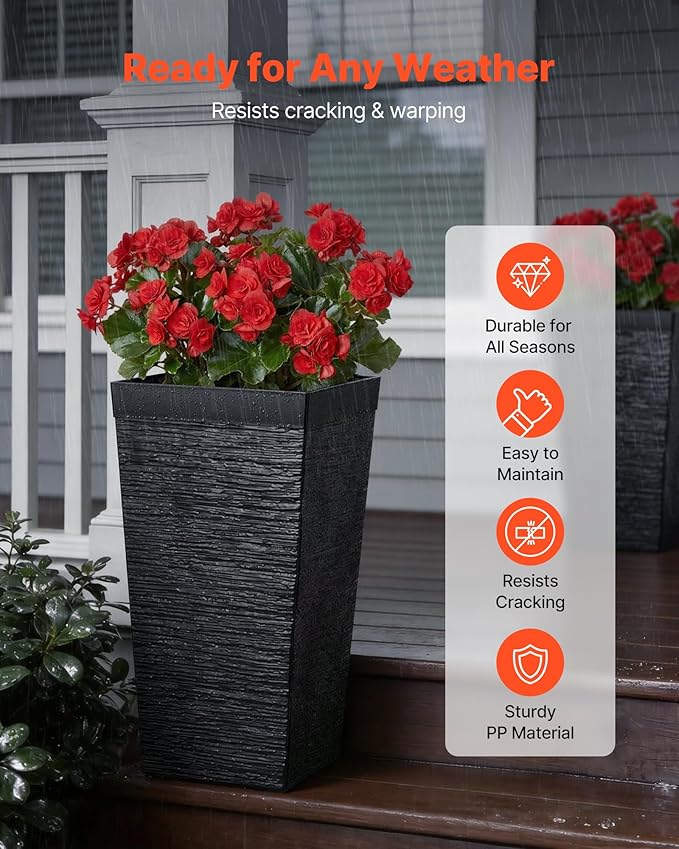 VEVOR Set of 2 Tall Planters for Outdoor Plants 23 inch, Black Tall Planter for Indoor Plants, Modern Planters for Front Porch Patio Balcony, Plant Container Flower Pots with Built-in Drainage