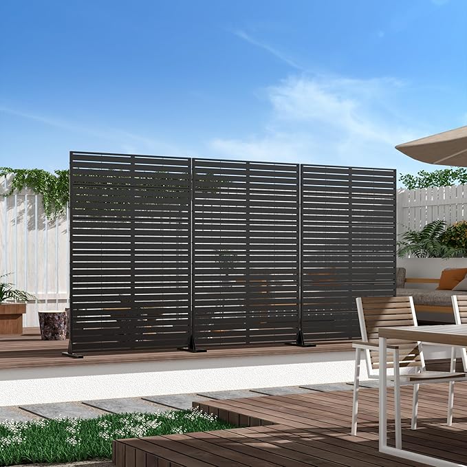 Casaphoria Metal Privacy Screen Outdoor, 72" H x 47" W Freestanding Decorative Privacy Screen for Patio Deck Balcony Garden with Stable Base, Louvered Black