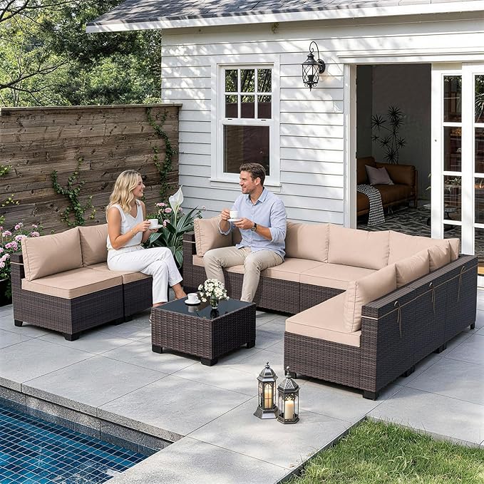 ALAULM Patio Furniture Set with Coffee Table, 9 Pieces Outdoor Sectional with Wide Seat and Thick Cushion, All Weather Wicker Rattan Conversation Set for Backyard, Garden, Deck, Sand